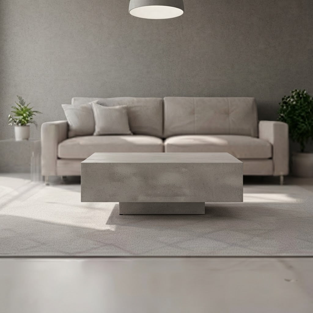 Table basse effet béton gris dans un salon moderne avec canapé beige — VariaHome
