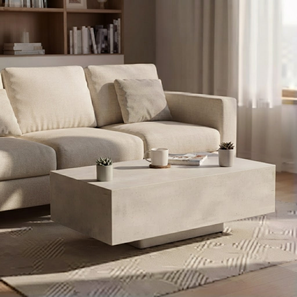 Table basse effet béton blanc dans un intérieur chaleureux avec décoration naturelle — VariaHome