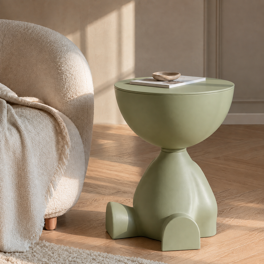 Table d'Appoint Ronde Plastique Vert Sauge Forme Sculpturale, Décorée d'un Livre et Coupelle, Salon Bohème Lumineux | VariaHome