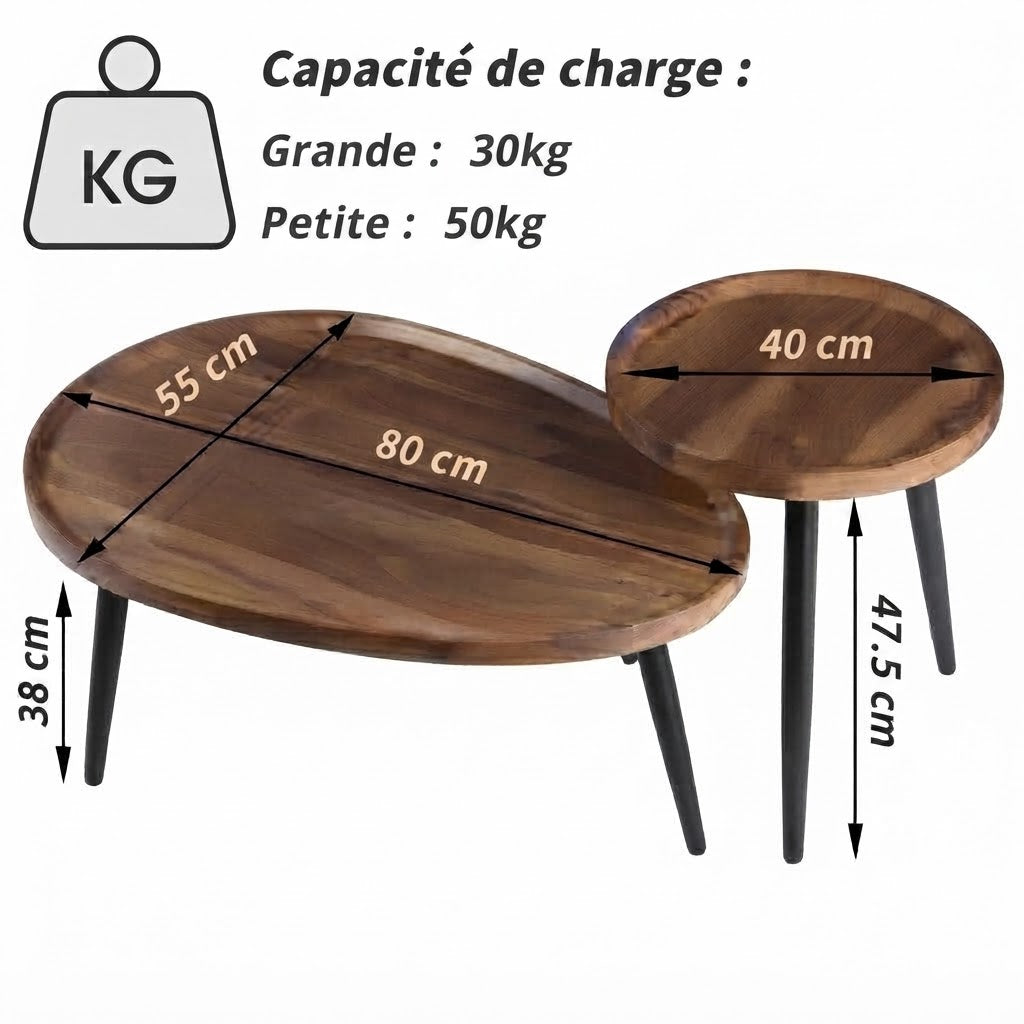 Tables Basses Gigognes Rondes Bois Noyer Dimensions Grande 80x55x38 cm Petite 40x47.5 cm, Capacité de Charge 30kg et 50kg | VariaHome