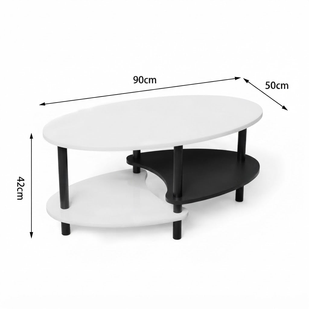 Table Basse Ovale Moderne Blanc et Noir Dimensions 90x50x42 cm, Vue de Face avec Cotes sur Fond Blanc | VariaHome