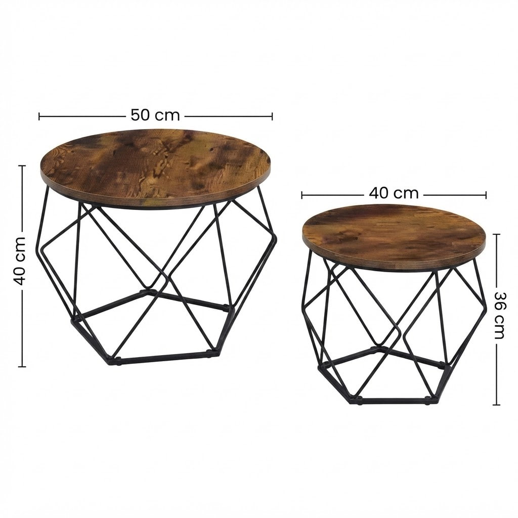 Tables d'Appoint Gigognes Rondes Bois Rustique Dimensions Grande 50x40 cm Petite 40x36 cm, Vue de Face avec Cotes sur Fond Blanc | VariaHome