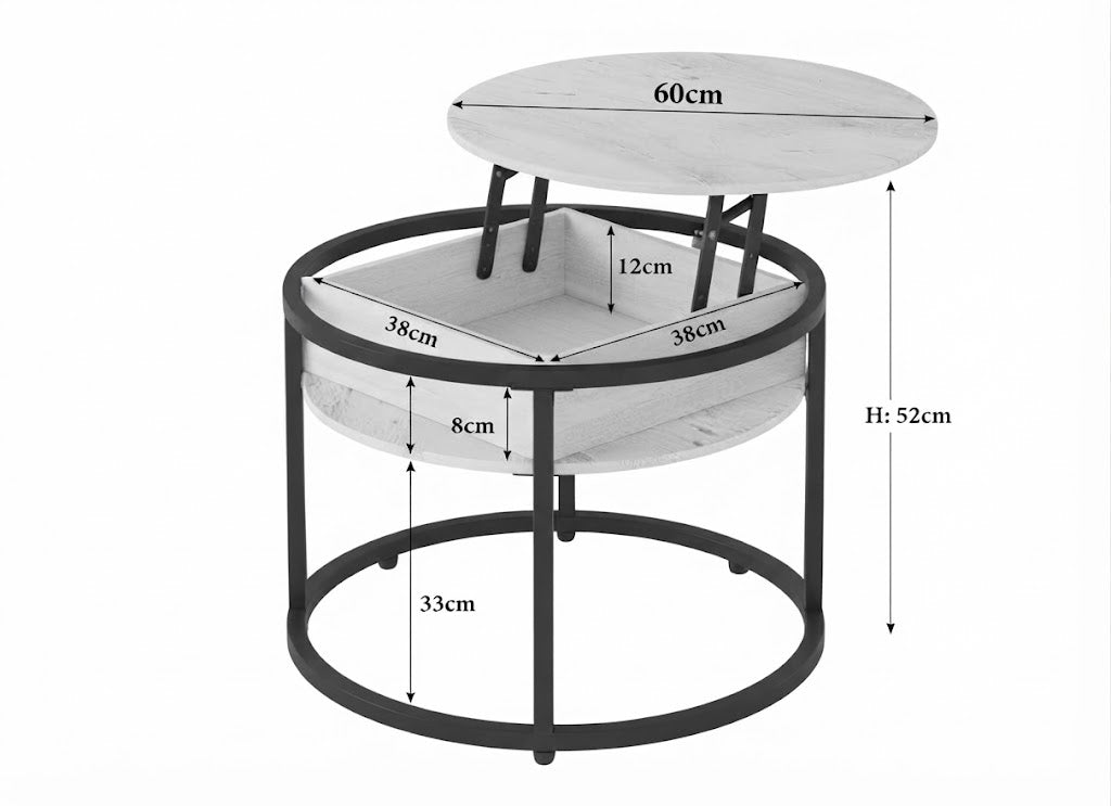 Dimensions table basse ronde relevable : diamètre 60 cm, hauteur 52 cm, compartiment de rangement 38x38x12 cm — VariaHome