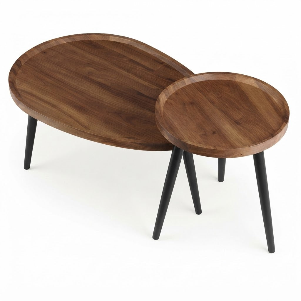 Set de 2 Tables Gigognes Rondes Bois Noyer Pieds Métal Noir sur Fond Blanc, Vue en Angle | VariaHome