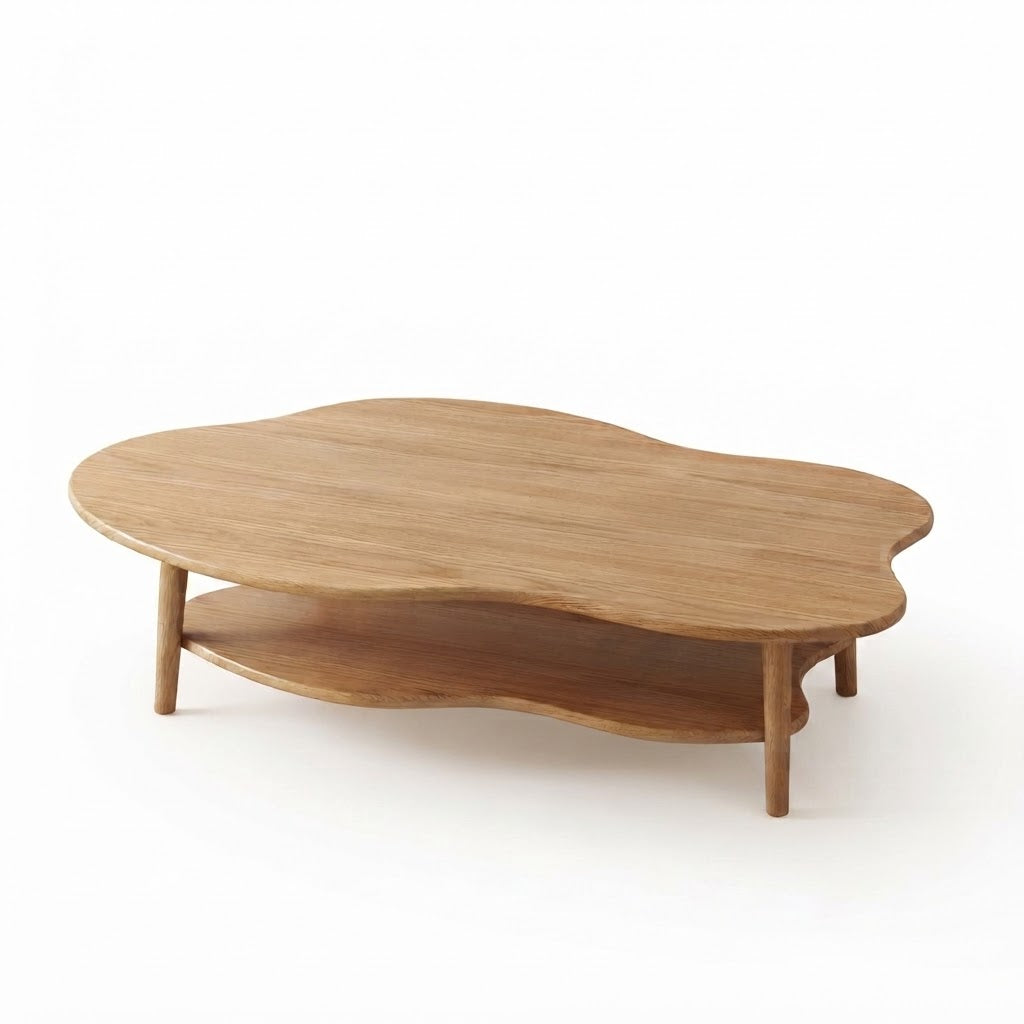Table Basse Design Bois Naturel Forme Organique avec Étagère, Vue de Côté sur Fond Blanc | VariaHome