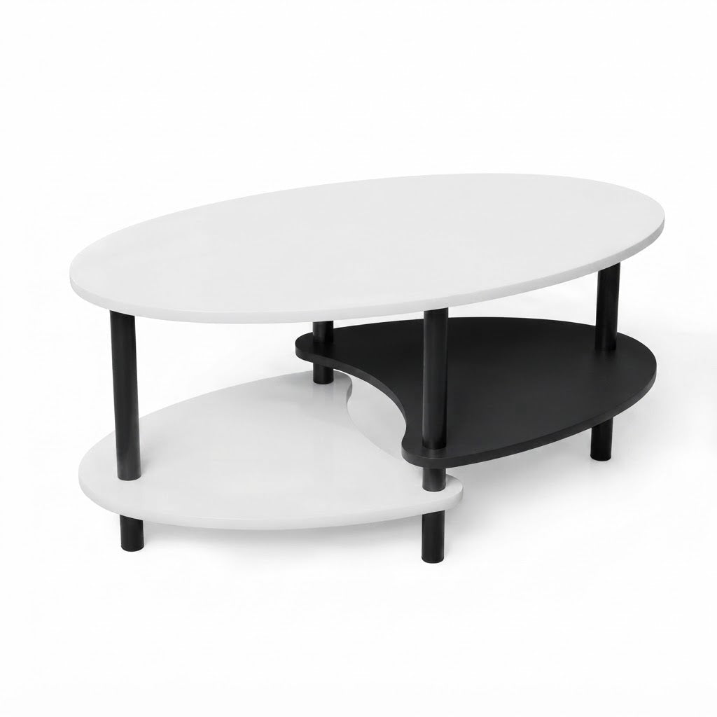Table Basse Ovale Moderne Bicolore Blanc et Noir Double Plateau Piètement Métal Noir, Vue en Angle sur Fond Blanc | VariaHome