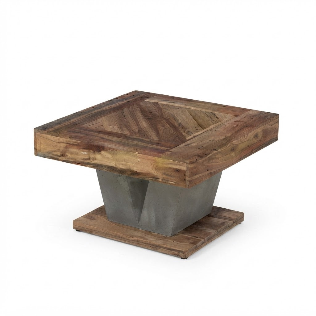 Table Basse Carrée Bois Massif Rustique Piètement Béton Gris Torsadé, Vue en Angle sur Fond Blanc | VariaHome