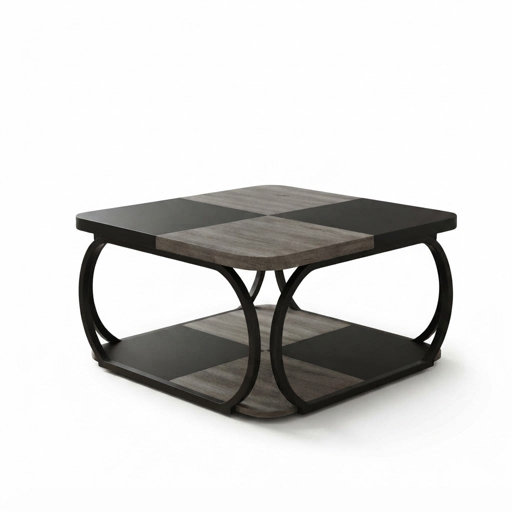 Table Basse Carrée Bois Gris Piètement Métal Noir Arqué avec Étagère Basse, Vue en Angle sur Fond Blanc | VariaHome
