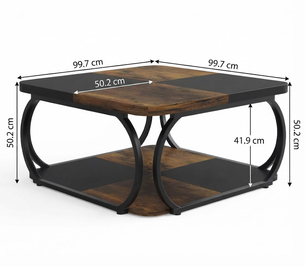 Table Basse Carrée 100x100 cm Bois Rustique Métal Noir Dimensions 99.7x99.7x50.2 cm, Vue de Face avec Cotes sur Fond Blanc | VariaHome