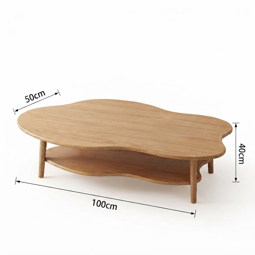 Table Basse Bois Design Forme Nuage Dimensions 100x50 cm H40 cm, Vue en Angle avec Cotes sur Fond Blanc | VariaHome