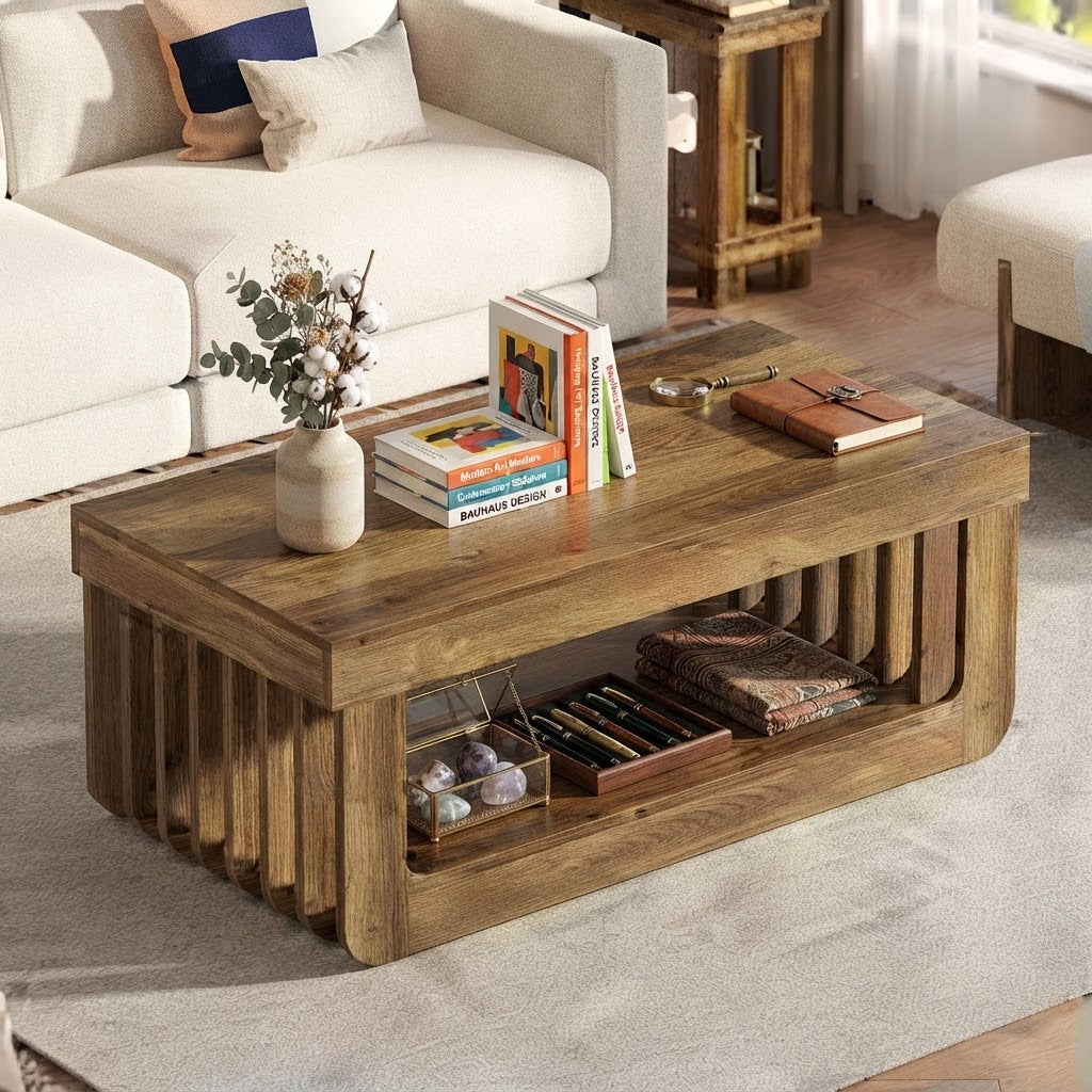 Table basse rectangulaire en bois clair avec étagère cannelée