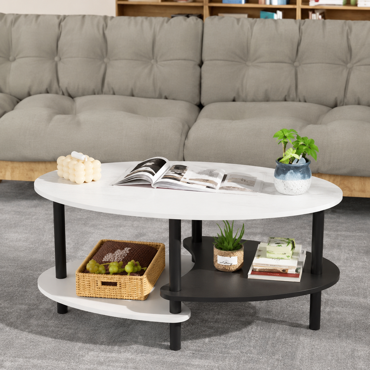 Table basse ovale bicolore blanc et noir avec double étagère