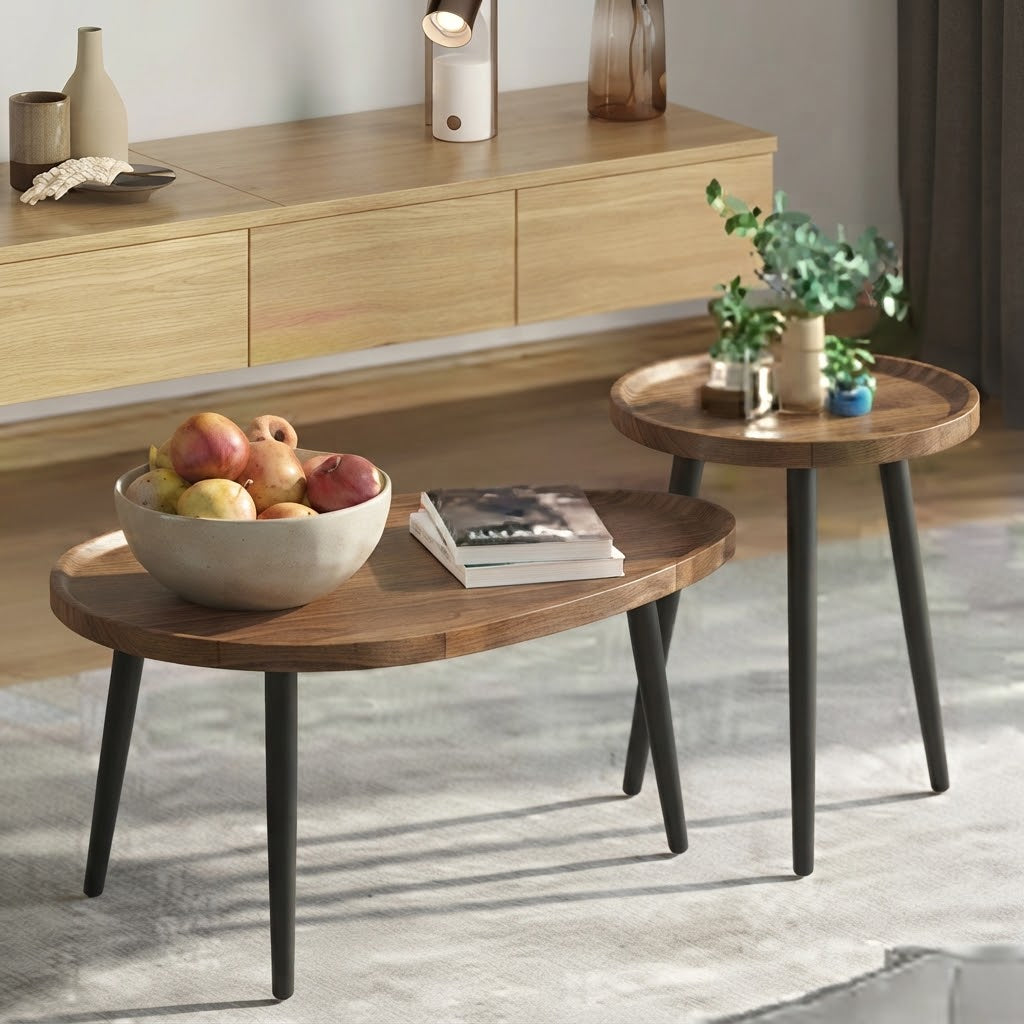 Tables gigognes rondes en bois noyer à pieds métal noir