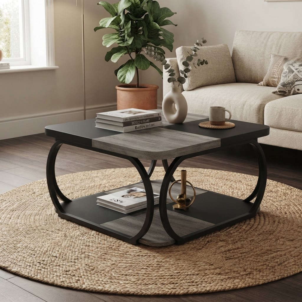 Table Basse Carrée Bois Gris Anthracite et Métal Noir Pieds Arqués avec Étagère, Décorée Vase et Livres en Salon Cosy | VariaHome