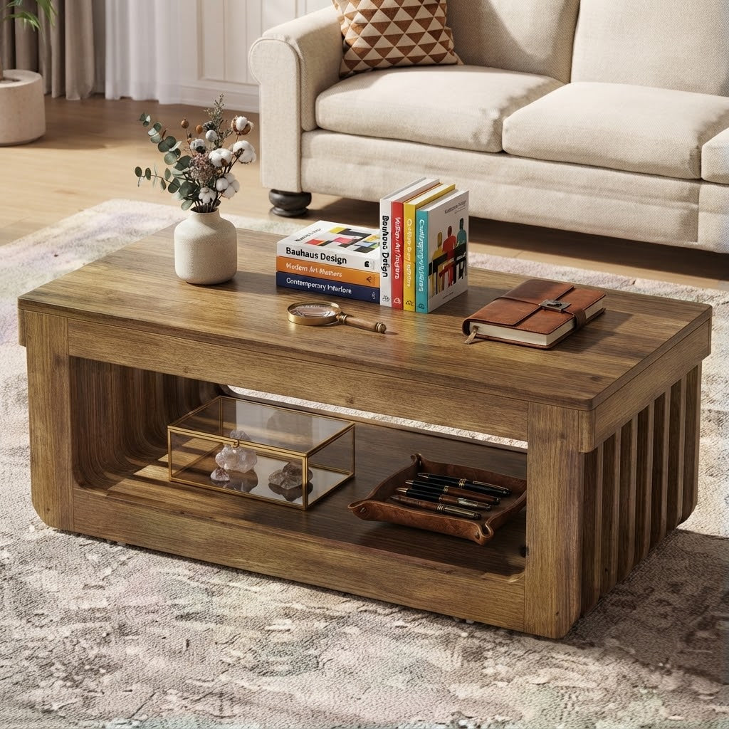 Table Basse Rectangulaire Bois Noyer Foncé Piètement Cannelé avec Étagère Rangement, Décorée Vase et Livres en Salon Lumineux | VariaHome