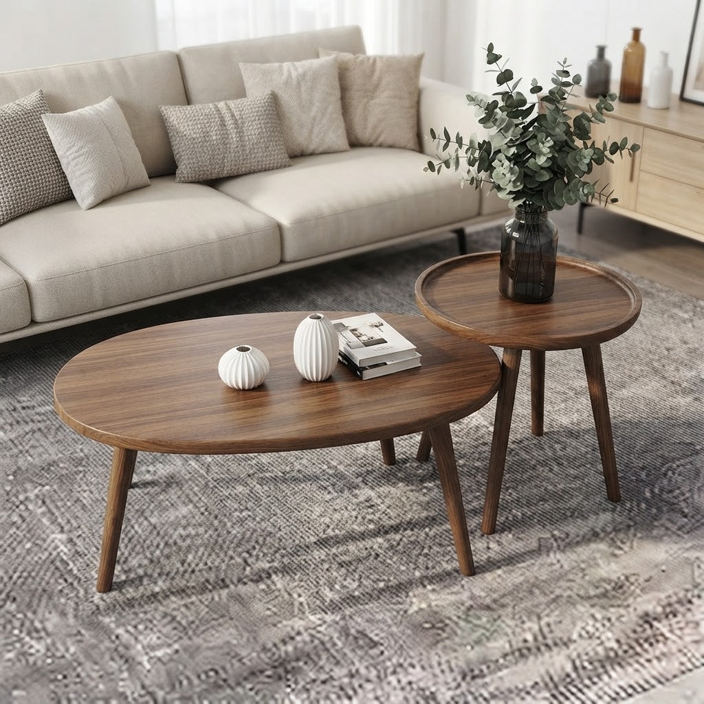 Set de 2 Tables Gigognes Ovale et Ronde Bois Noyer Pieds Métal Noir, Décorées Vase et Livres devant Canapé Beige | VariaHome