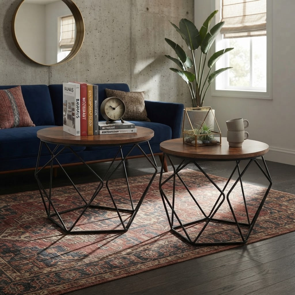 Tables d'Appoint Gigognes Rondes Bois Rustique Piètement Métal Noir Géométrique, Décorées Livres et Horloge Vintage en Salon Industriel Canapé Bleu Marine | VariaHome