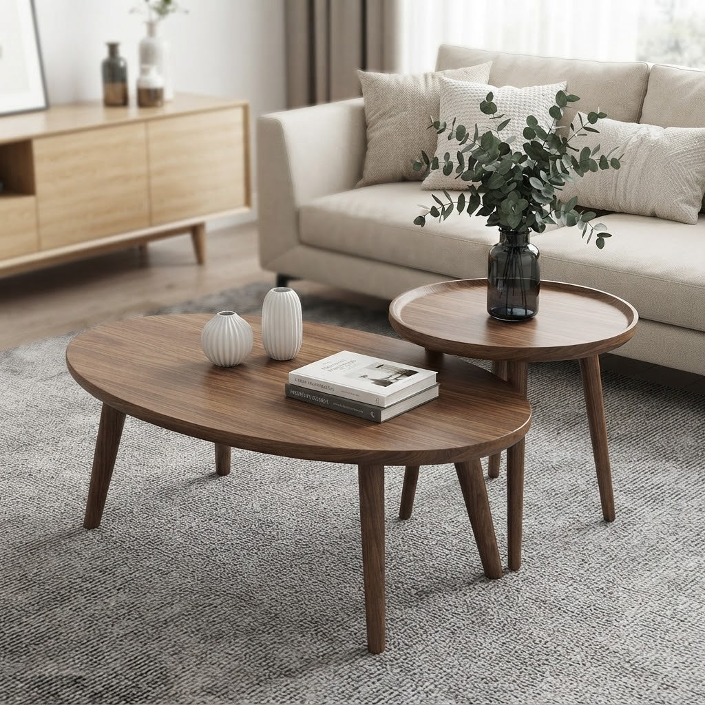 Tables Basses Gigognes Ovale et Ronde Bois Noyer Pieds Métal Noir, Vue de Côté dans un Salon Scandinave avec Tapis Gris | VariaHome