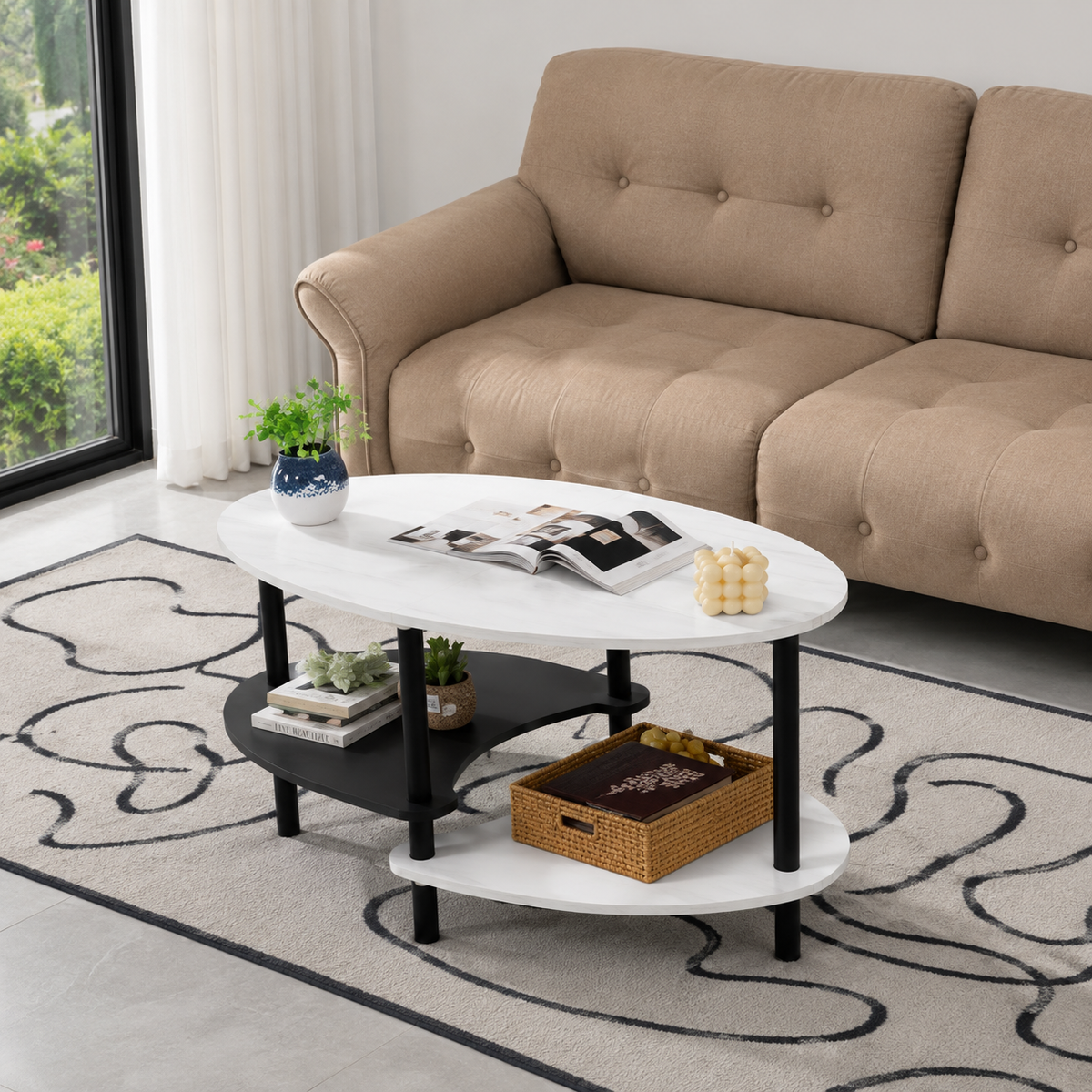 Table Basse Ovale Blanc et Noir Double Étagère Rangement, Décorée Livres et Plantes Vertes en Salon Lumineux Canapé Beige | VariaHome