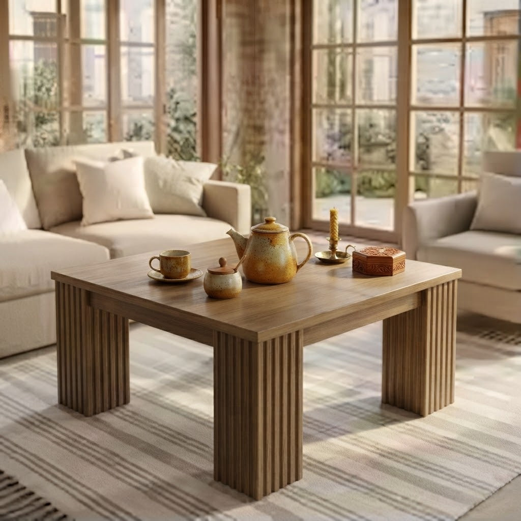 Table Basse Carrée Bois Clair Style Bohème avec Service à Thé Céramique, Salon Lumineux aux Grandes Baies Vitrées | VariaHome