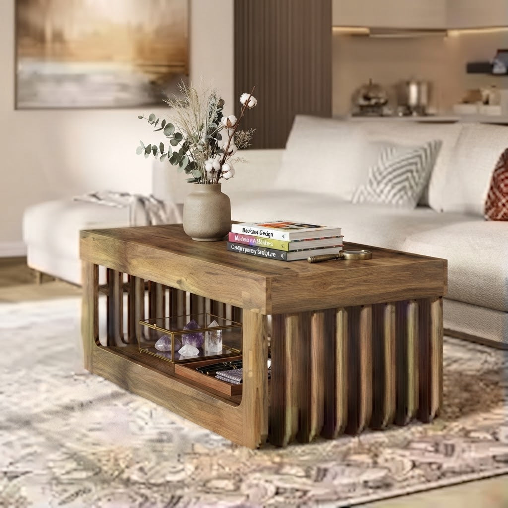 Table Basse Rectangulaire Bois Gris Piètement Cannelé avec Étagère Rangement, Vue Plongeante en Salon Moderne Canapé Velours Blanc | VariaHome