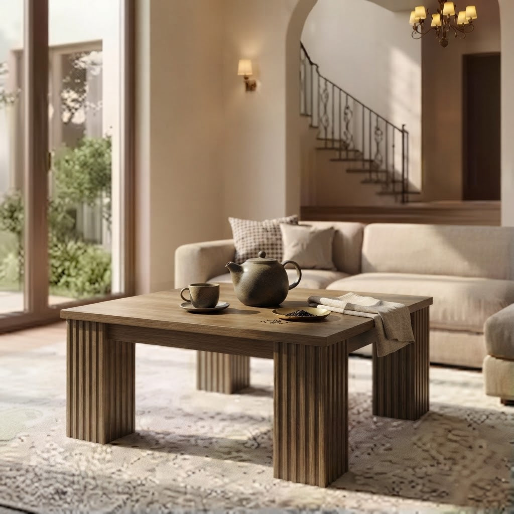 Table Basse Bois Rustique Pieds Cannelés dans un Salon Classique avec Escalier en Fer Forgé et Service à Thé Minimaliste | VariaHome