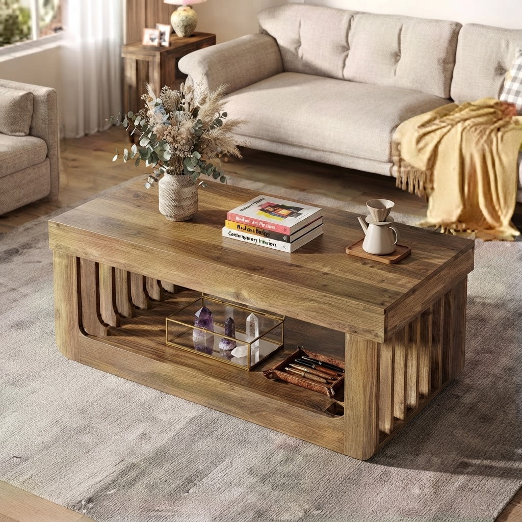Table Basse Rectangulaire Bois Clair Piètement Cannelé avec Étagère, Décorée Vase et Tasse à Café en Salon Bohème Lumineux | VariaHome