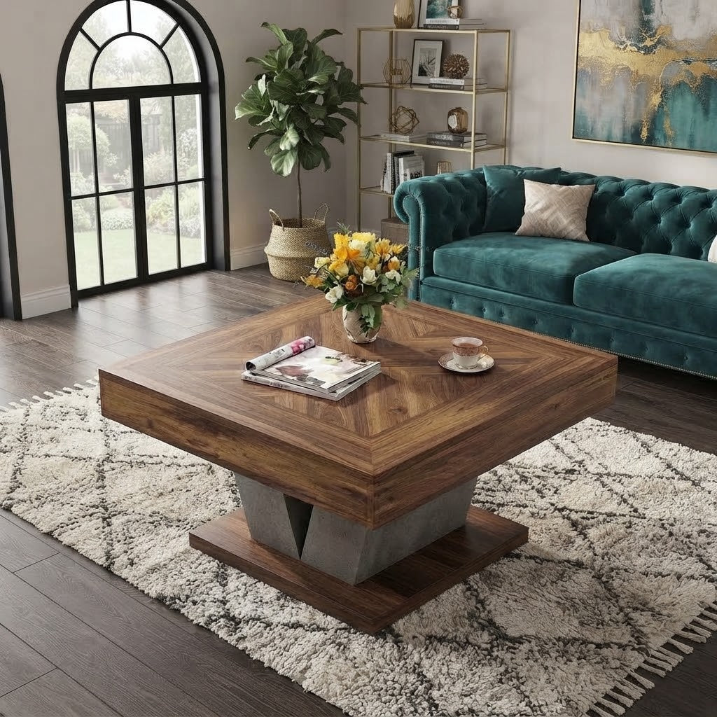 Table Basse Carrée Bois Noyer Chevron Socle Béton Industriel, Vue en Plongée dans un Salon Bohème Chic Canapé Velours Vert | VariaHome
