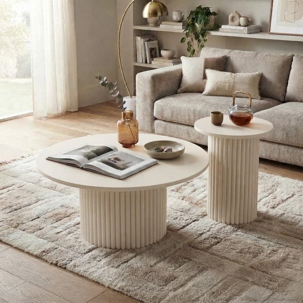 Tables Basses Gigognes Rondes Bois Blanc Cassé Piètement Cannelé, Décorées d'un Livre et Service à Thé en Salon Lumineux | VariaHome