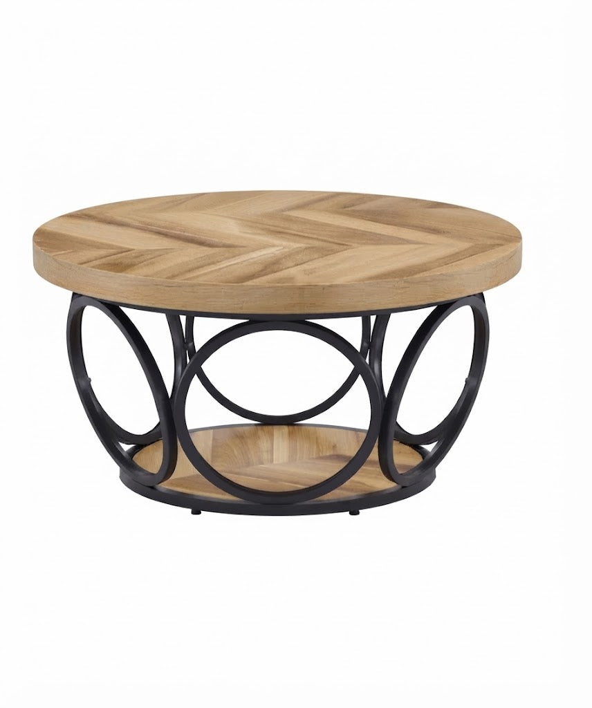 Table Basse Ronde Bois Clair Piètement Métal Noir Ajouré avec Étagère Basse, Vue de Face sur Fond Blanc | VariaHome
