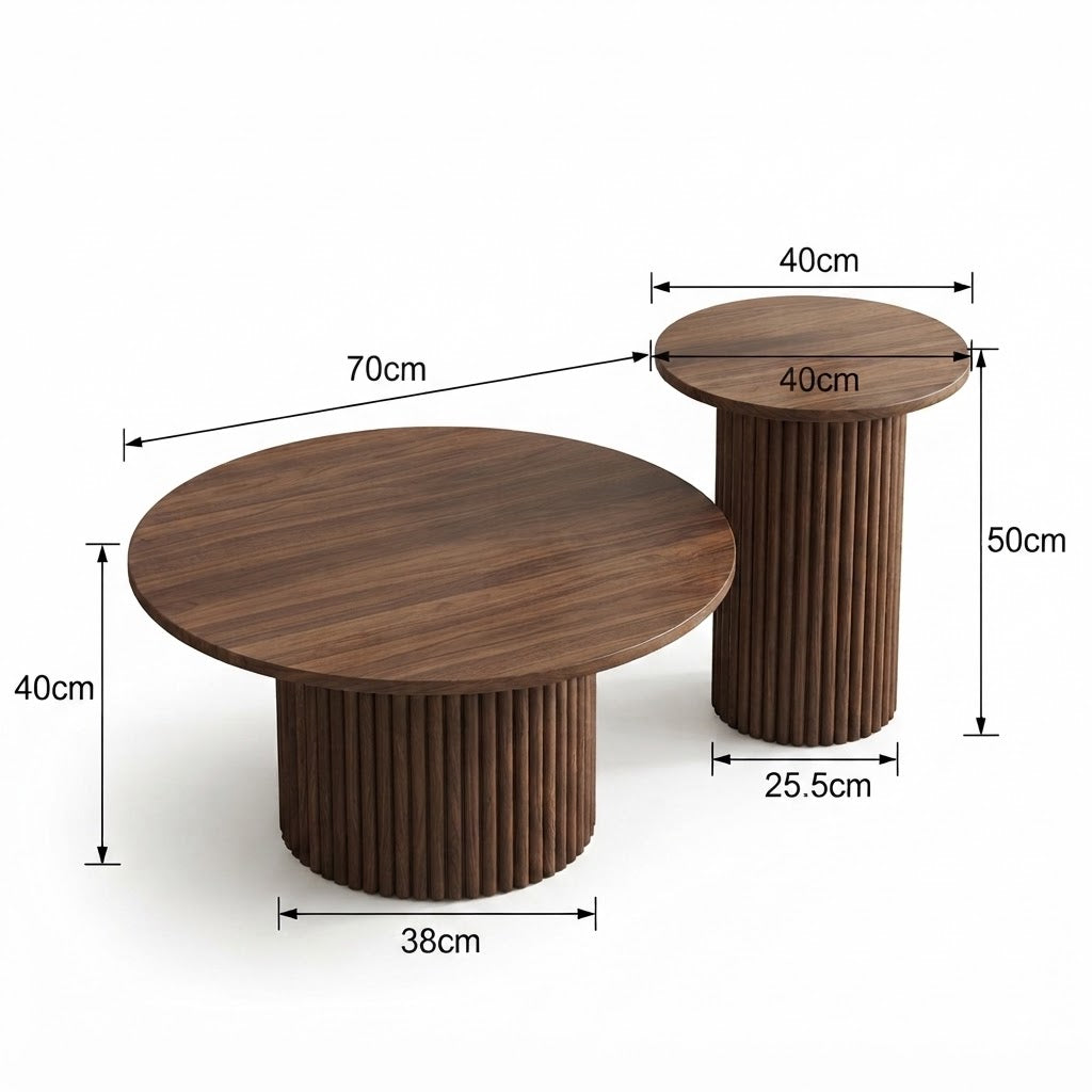 Tables Basses Gigognes Rondes Bois Foncé Dimensions Grande 70cm H40cm, Petite 40cm H50cm, Vue sur Fond Blanc | VariaHome