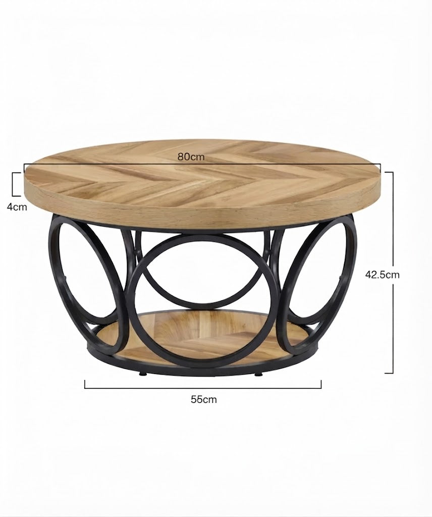 Table Basse Ronde Bois Métal Noir Dimensions 80x42.5 cm, Vue de Face avec Cotes sur Fond Blanc | VariaHome