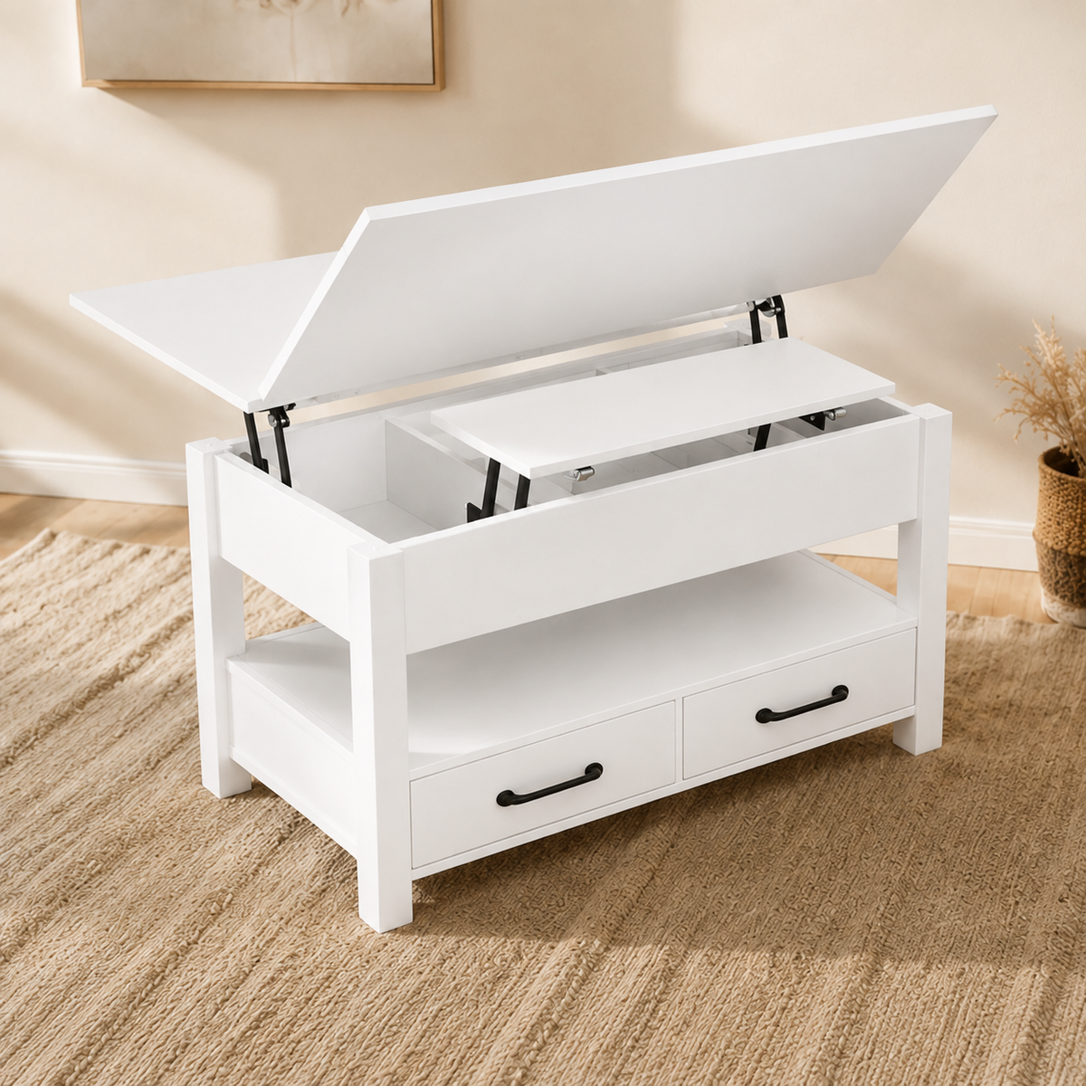 Table Basse Relevable Extensible Bois Naturel, Deux Tiroirs et Étagère Basse, Fond Blanc | VariaHome
