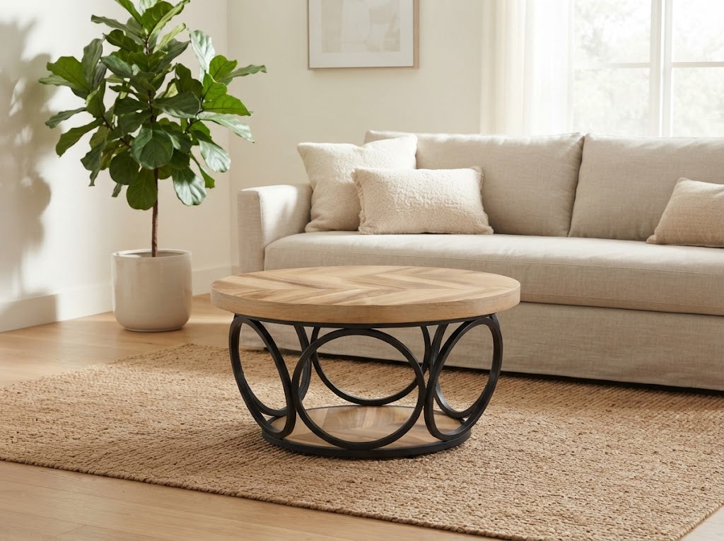Table Basse Ronde Bois Naturel Plateau Chevron Pieds Métal Noir Ajouré, Vue en Salon Scandinave avec Plante Verte | VariaHome