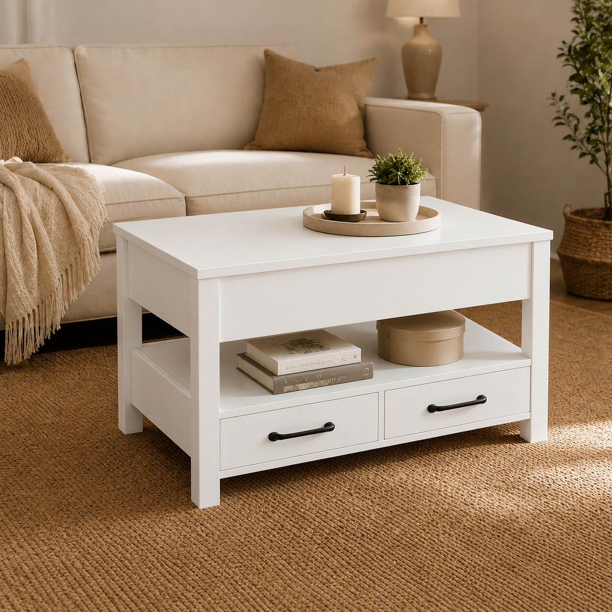 Table basse relevable en bois clair, plateau levé avec tiroirs, dans un salon