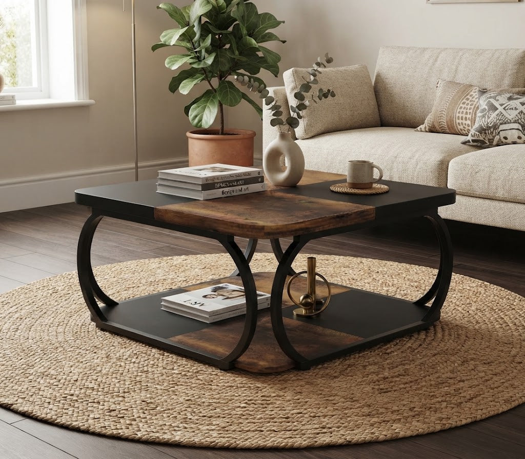 Table basse carrée bicolore avec étagère et piètement métal noir