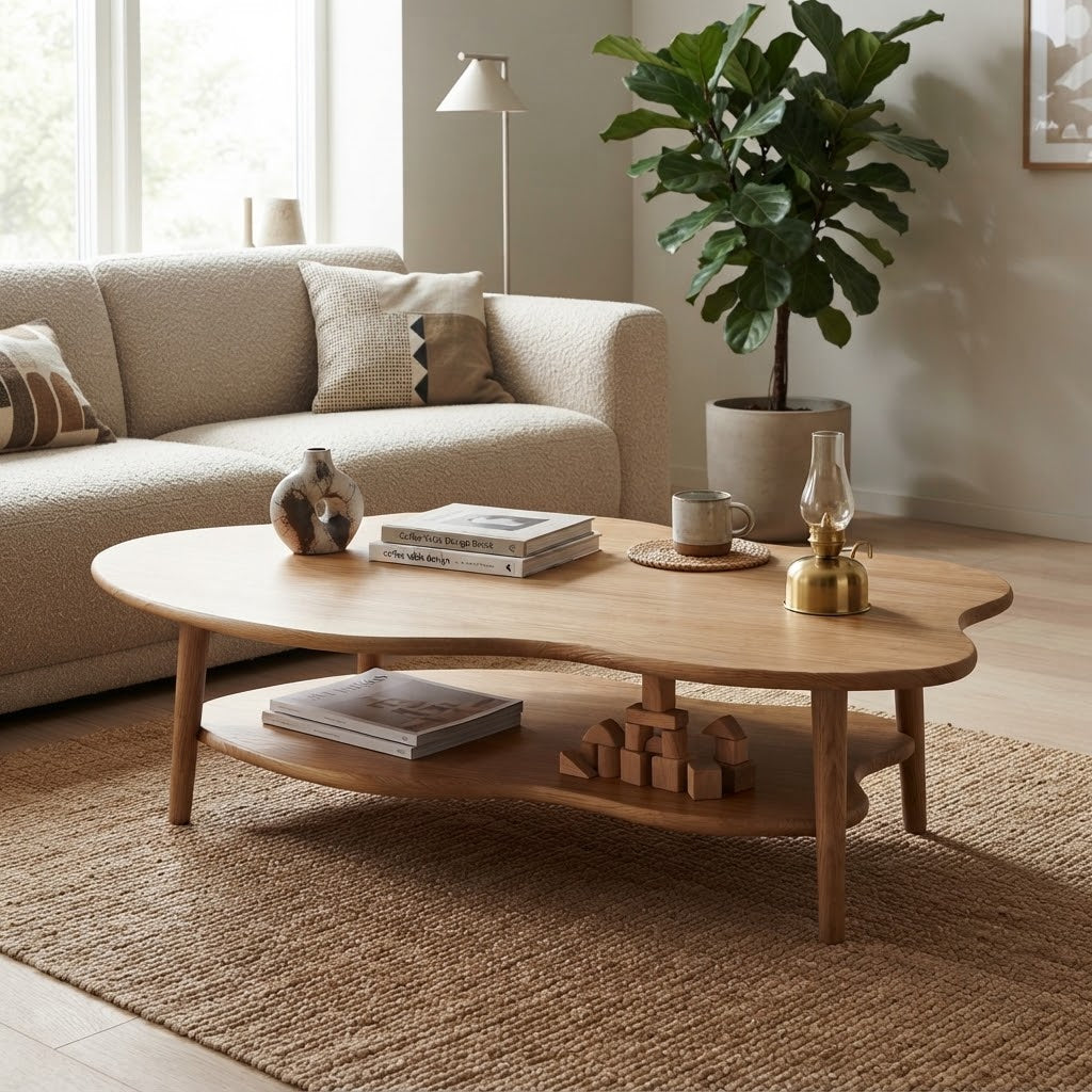 Table basse en bois naturel de forme organique avec étagère