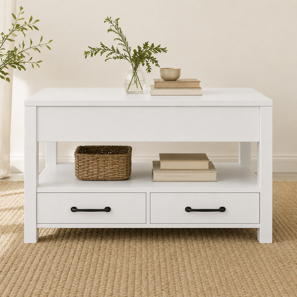 Table Basse Relevable 100x100 cm Bois Clair, Plateau Ouvert Révélant l'Espace de Rangement Intérieur | VariaHome
