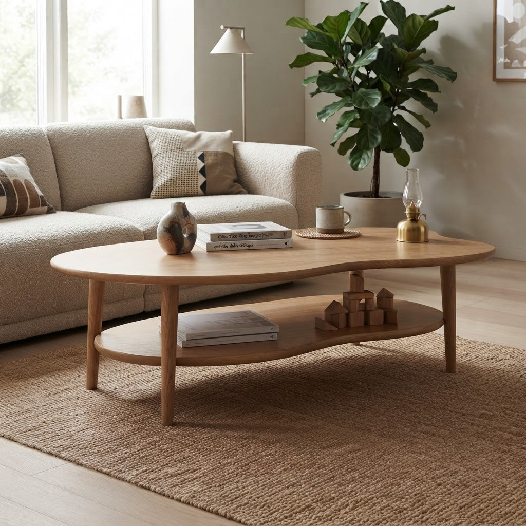 Table Basse Bois Clair Forme Nuage avec Étagère Basse, Vue en Angle dans un Salon Lumineux sur Tapis Naturel | VariaHome