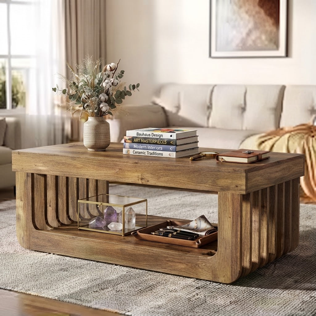 Table Basse Rectangulaire Bois Clair Piètement Cannelé avec Étagère, Décorée Vase et Livres en Salon Bohème aux Rideaux Beige | VariaHome