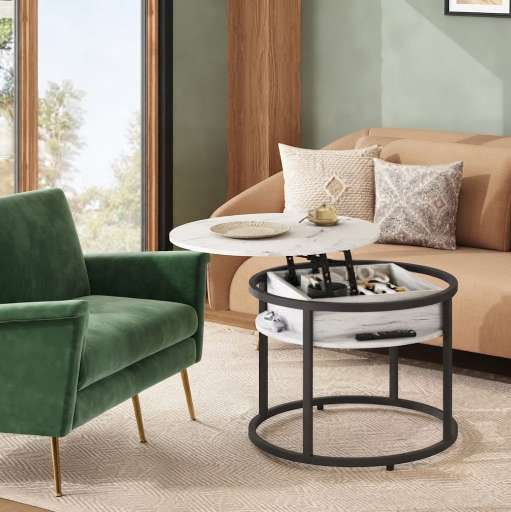 Table basse ronde relevable plateau marbre blanc relevé avec rangement intégré ouvert, salon contemporain — VariaHome