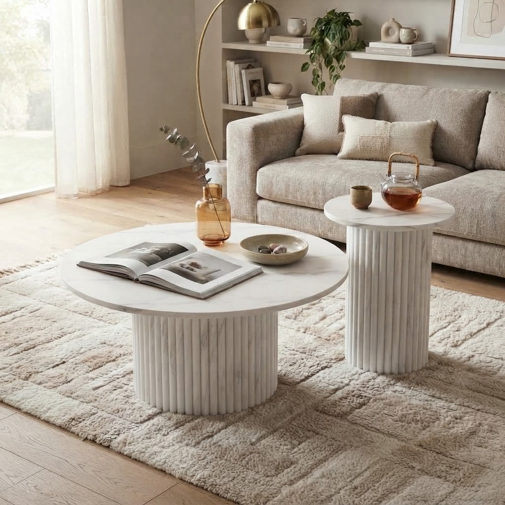 Tables Basses Gigognes Rondes Bois Blanc Piètement Cannelé Style Nordique, Salon Cosy avec Lampe Dorée et Canapé Beige | VariaHome