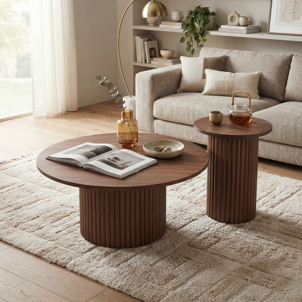 Tables gigognes rondes en bois foncé à pieds cannelés dans un salon scandinave
