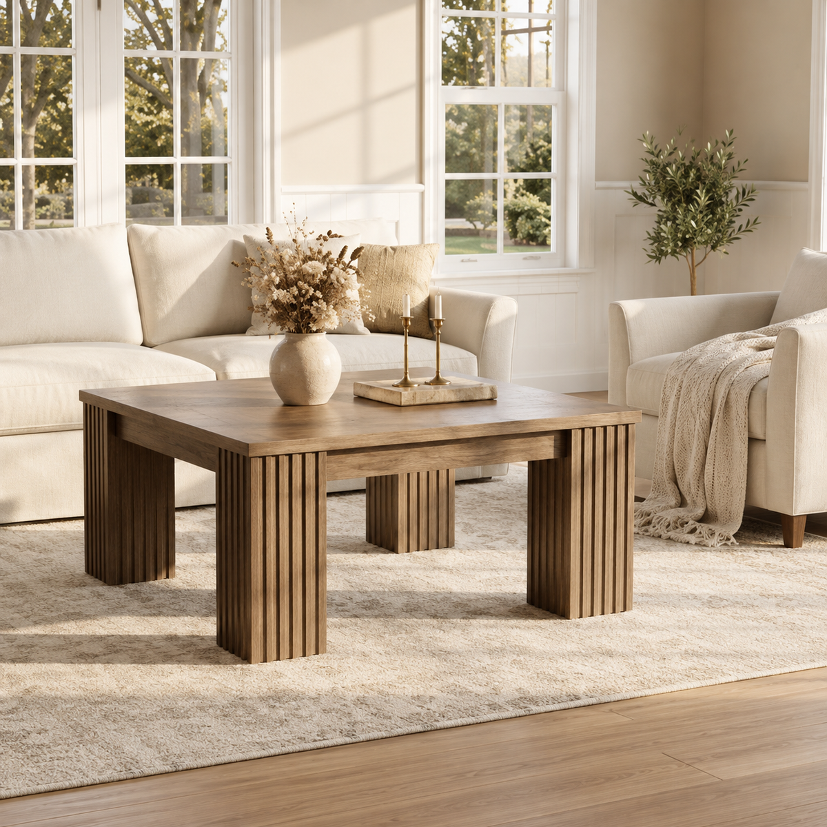 Table basse carrée en bois rustique à pieds cannelés