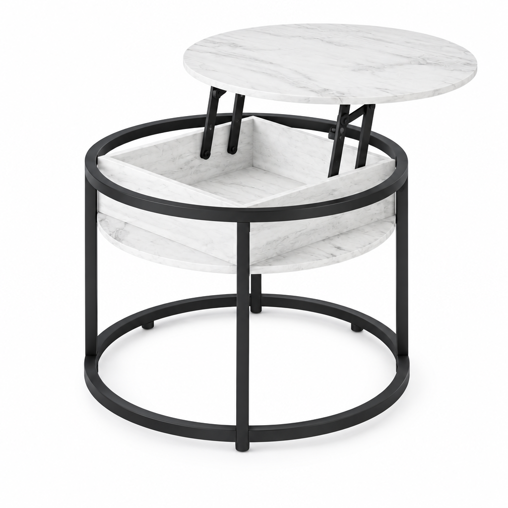 Table basse ronde relevable plateau effet marbre blanc et pied métal noir — VariaHome