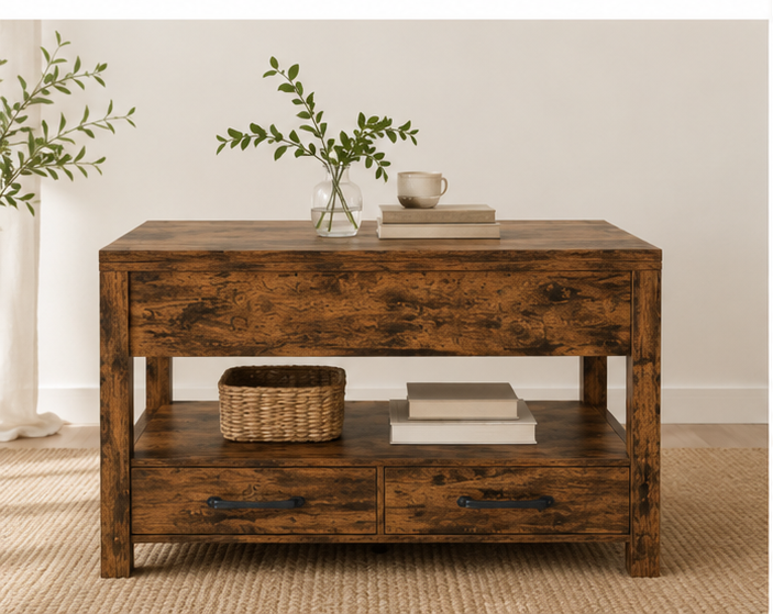 Table Basse Bois Foncé Farmhouse avec Tiroirs Fer Forgé et Étagère Rangement, Décorée Vase et Livres | VariaHome