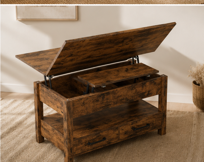 Table Basse Relevable Bois Foncé Rustique Plateau Levé en Salon Bohème, Tiroirs et Rangement Visible | VariaHome