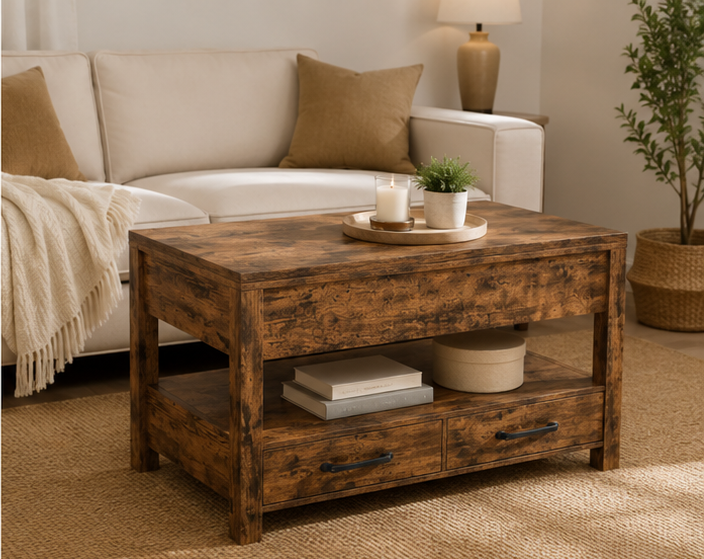 Table Basse Rectangulaire Bois Foncé Rustique avec Tiroirs et Étagère, Décorée d'une Plante et Bougie en Salon Cosy | VariaHome