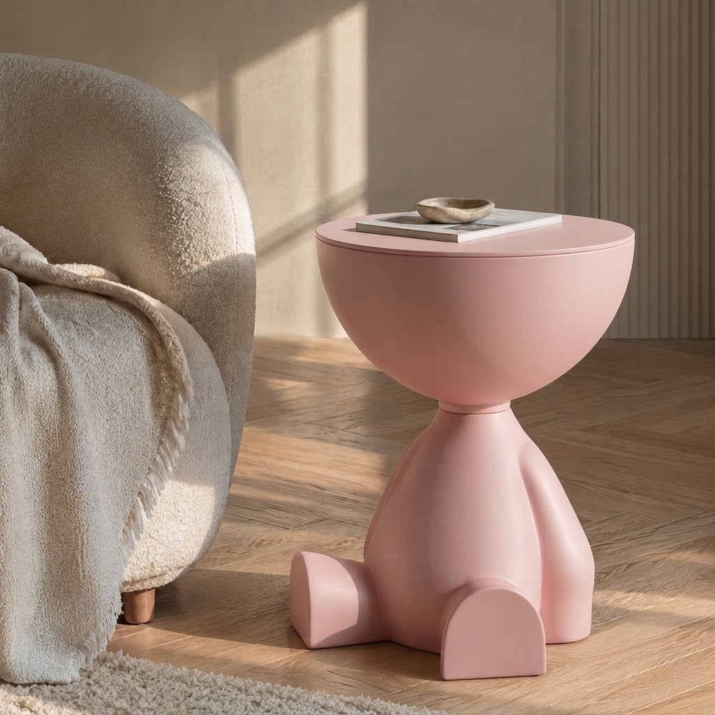 Table d'Appoint Ronde Plastique Rose Poudré Forme Sculpturale, Décorée d'un Livre et Coupelle, Salon Bohème Lumineux | VariaHome
