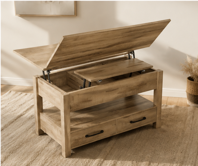 Table Basse Relevable Bois Clair Plateau Levé en Salon Minimaliste, Tiroirs et Étagère Basse | VariaHome